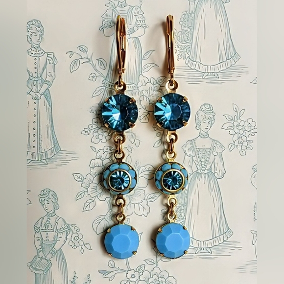 Turquoise Blue And Flower Swarovski Crystal In Drop Down Earrings - Picture 1 of 5